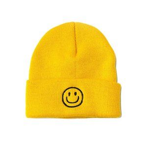 Smiley/Happy Face Embroidered Hat - Mustard Yellow/Black